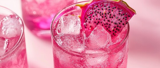 Vibrant pink dragon fruit cocktail garnished with fresh slice summer setting
