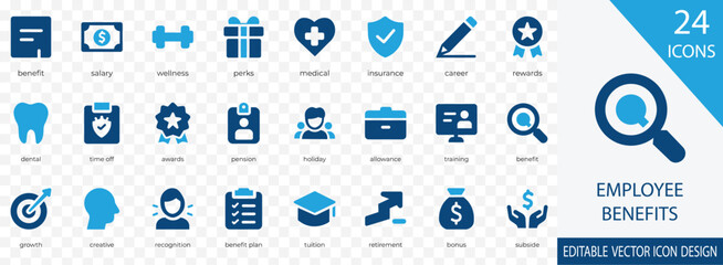 A clean and modern icon set representing employee benefits such as salary, bonuses, insurance, time off, and career growth. 