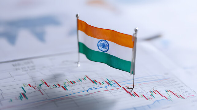 A close-up of an Indian flag pinned on financial graphs, symbolizing economic growth and market analysis.