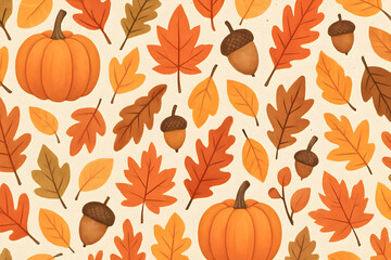 Colorful autumn leaves with pumpkins and acorns.
