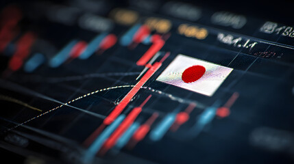 Close-up of a digital stock market graph with the flag of Japan, showcasing financial data and trends.