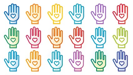 Fototapeta premium handprint pattern on white background. colored human handprints. color pattern. collection of colored hands as icons for web design