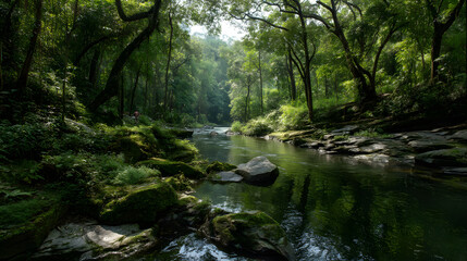 Obraz premium Serene view of a lush green forest along a tranquil river, showcasing nature's beauty in the early morning light.
