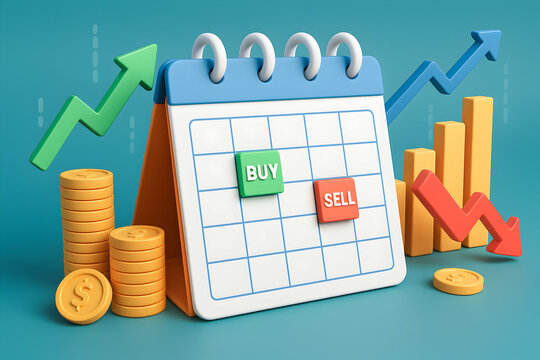 Calendar with buy and sell concepts illustrated.