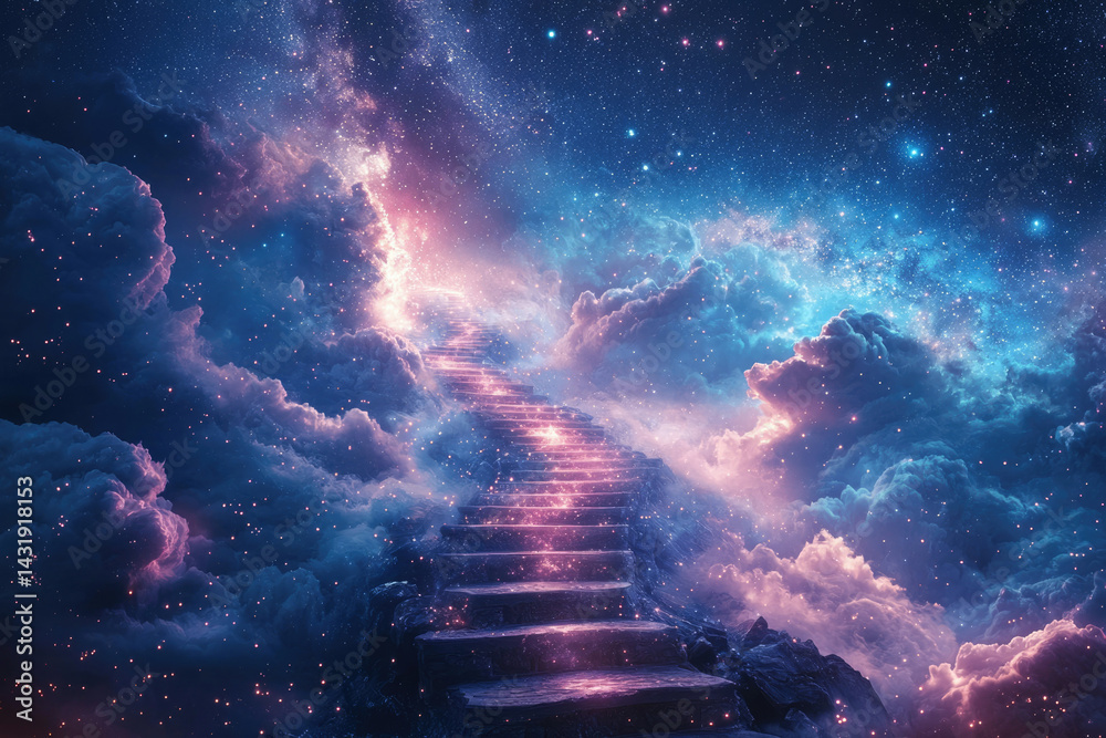 Poster a celestial staircase ascends through vibrant clouds and a starry expanse, symbolizing dreams and as