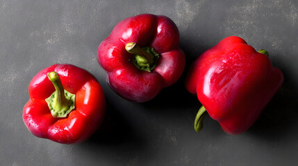 Three vibrant red bell peppers arranged creatively on a dark surface.