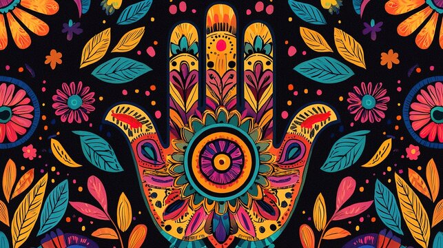 Intricate hamsa hand symbolizing protection and harmony vibrant colors digital artwork black background artistic perspective