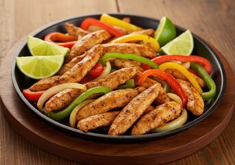 Fototapeta premium A sizzling plate of chicken fajitas with colorful peppers and fresh lime wedges.