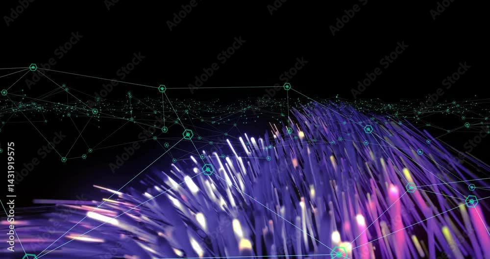 Poster glowing 3d data strands weaving toward viewer, connecting neon network nodes in virtual 3d render