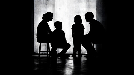 Silhouettes of a family engaged in conversation, showcasing a close bond in a warm and intimate setting.