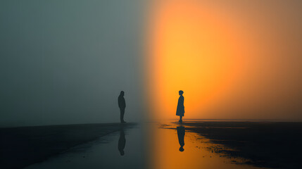A solitary man and a woman stand facing each other, split between a foggy blue landscape and a warm, glowing sunset.