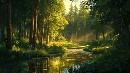 Sunlit forest stream, tranquil nature scene, idyllic landscape, peaceful background, nature photography