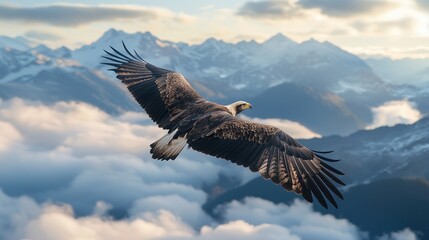 Obraz premium Majestic eagle soaring over mountain peaks nature scene gigapixel clarity cloudy skies aerial perspective