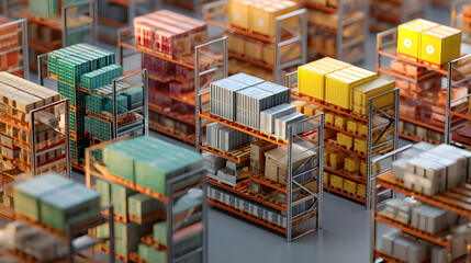 Aerial view of a vibrant, organized warehouse filled with varied stacked containers and shelves.
