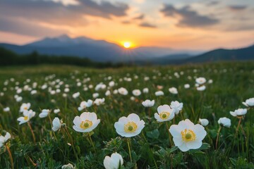 Wildflowers bloom in a meadow at sunset with mountains in the background