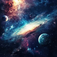 Obraz premium Exploring the vibrant colors and grand scale of a distant galaxy surrounded by celestial bodies in a vast cosmic landscape