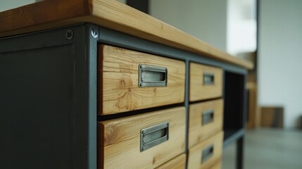 Wooden desk drawers, modern office, close-up