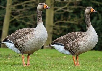 Obraz premium Greylag Geese Pair with Park Grassland.