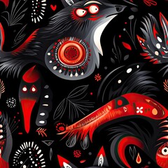 Intricate Red and Black Avian Pattern: A Stylized Bird Design in Vibrant Colors