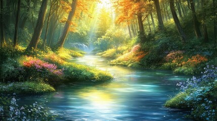 Sunlit forest stream, autumn leaves, tranquil scene, nature wallpaper
