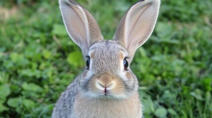 Rabbit sitting in green grass looking at the camera close up view.