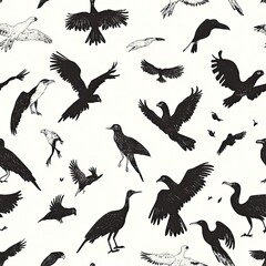 Obraz premium Avian Symphony: A Seamless Pattern of Diverse Bird Species in Flight and Rest