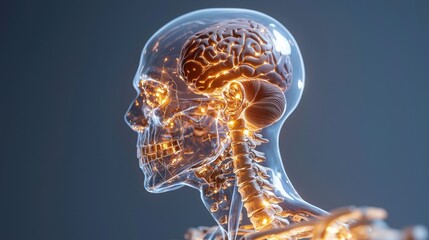A close up of a brain with a skeleton in the background
