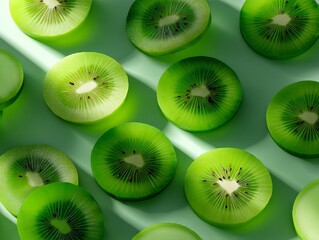 Fototapeta premium Kiwi slices arranged on green background creating refreshing pattern