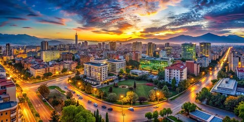 Tirana Downtown Dusk Panoramic Timelapse - Vibrant Cityscape at Golden Hour