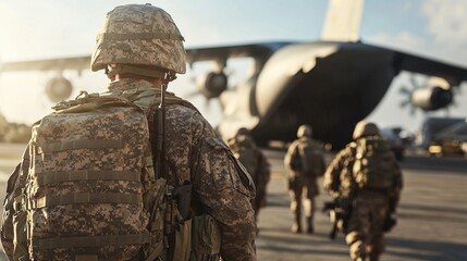 A group of soldiers are walking away from a large military plane