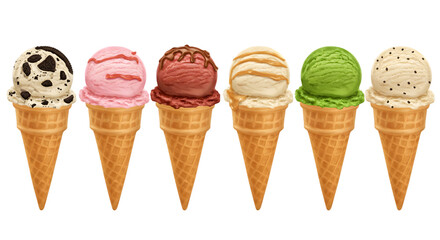 Ice cream scoop on waffle cone on transparent background cutout, PNG file. Many assorted different flavour Mockup template for artwork design. 