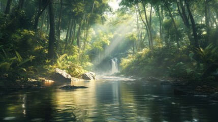 Fototapeta premium Sunlit Waterfall in Lush Rainforest