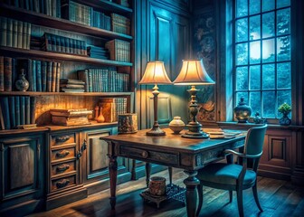 Tranquil Vintage Study Room: Blue Light Lamp, Oak Desk, Long Exposure Photography