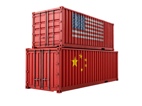 Two red cargo freight containers, American and Chinese flag, tariff war concept, isolated on white or transparent background - Powered by Adobe