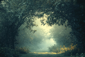 Misty morning in an enchanting forest, sunlight filtering through the dense foliage.