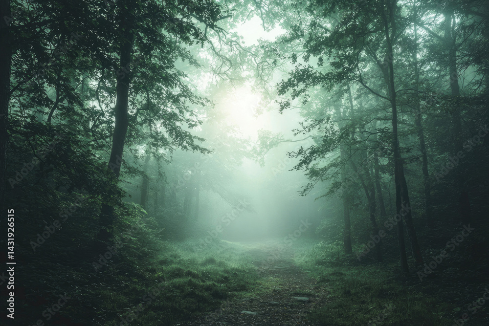 Poster misty forest path disappearing into the fog, sunlight peeking through the canopy.
