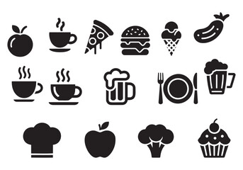 Diverse Food Drink Vector Icons: Apple, Coffee, Pizza, Burger, Beer