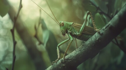 Green Grasshopper on Branch, Forest, Sunrise