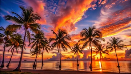 Obraz premium Tropical Sunset Ocean Palm Trees Silhouette Night Photography Stock Photo