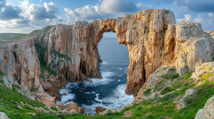 Dramatic coastal archway through rocky cliffs