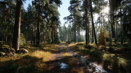 Obraz premium Exploring a serene Baltic forest path illuminated by sunlight filtering through tall pines