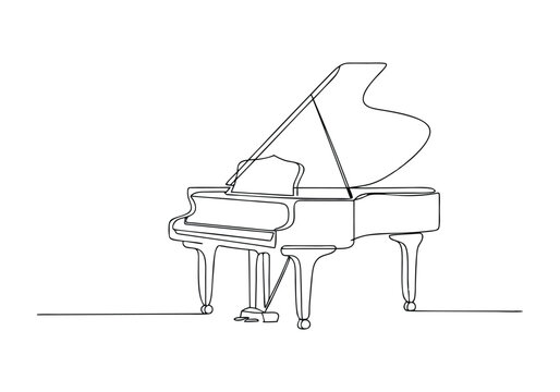 Continuous single line drawing of a luxury wooden grand piano in minimalist black and white vector style