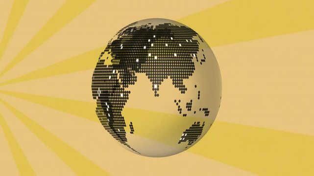 Stylized dotted globe showing Eurasia and Australia, featuring halftone dots sunburst background