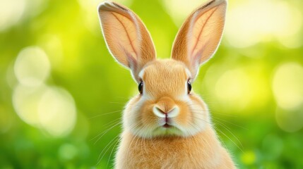 Close-up of a brown rabbit with long ears against a green background.