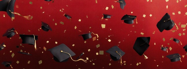 Black graduation caps and golden ribbons flying in the air on an abstract red background with confetti