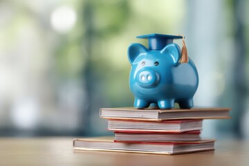 Blue piggy bank wearing a graduation cap on top of books, representing education or college