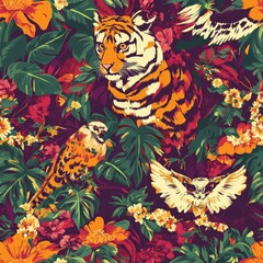 Obraz premium Vibrant Tropical Jungle Tapestry: Tiger, Birds, and Lush Flora in a Vivid Color Palette