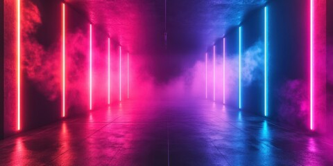 Colorful neon lights shine in a fog-filled corridor creating a vibrant atmosphere in an urban setting at night