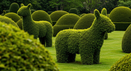Topiary garden with animal-shaped shrubs in vibrant green. Decorative landscaping art. Whimsical garden design. Botanical creativity. Outdoor park attraction. Horizontal banner