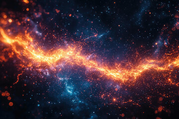 Fiery cosmic stream, swirling energy, vibrant orange and blue hues, glittering particles in dark space.
